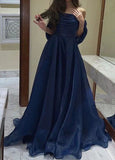 Modest Navy Blue Organza A-line Evening Prom Dresses Long Formal Party Gowns HZ0311