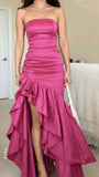 Modest High Low Strapless Hot Pink With Pleated Long Formal Gowns Prom Dresses Evening Gowns HZ0311