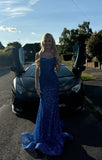 Sparkly Mermaid Spaghetti Straps Sleeveless Royal Blue Long Formal Dresses Sequins Prom Dress HZ0311