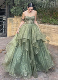 Elegant Green Ball Gown Strapless With Beads Tulle For Women Party Dresses Formal Prom Dress Inspo 22th Birthday Gown HZ0311