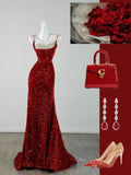 Chic Mermaid Spaghetti Strap Red Sequins Long Party Dresses Prom Dresses Impress Formal Party Dress HZ0311