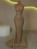 Modest Senior Prom Dresses High Schools Inspiration Mermaid Halter Gold Sequin With Pleated Semi Formal Grad Long Prom Dress For Teens HZ0311