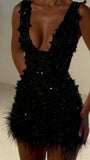 Sparkly Sheath V Neck White Feathers Beaded Wedding Dress Short Bridal Gown Wedding Dresses HZ0311