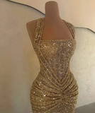 Modest Senior Prom Dresses High Schools Inspiration Mermaid Halter Gold Sequin With Pleated Semi Formal Grad Long Prom Dress For Teens HZ0311