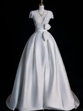 Timeless Ball Gown V Neckline Satin With Short Sleeves White Lace Wedding Dress Fairytale Boho Beach Summer Bridal Dresses HZ0311