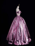 Cute Ball Gown Strapless Pink Lace Long Prom Dress Evening Outfits Semi Formal Dress HZ0311