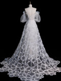 Princess Ball Gown Off The Shoulder Tulle With Sleeves White Lace Wedding Dress Fairytale Boho Summer Bridal Dresses HZ0311