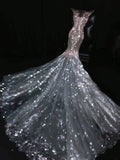 Princess Mermaid Scoop Silver Sequined With Sleeves Wedding Dress Fairytale Boho Summer Sparkly Bridal Dresses HZ0311