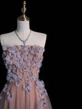 Cute A Line Strapless Pink Tulle Appliqued Long Prom Dress Evening Outfits Formal Dress HZ0311