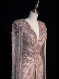Sparkly A Line V Neckline Pink Sequined Beaded Bodice Long Prom Dress Evening Outfits Formal Dress HZ0311