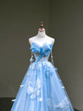 Cute Ball Gown Sweetheart Blue Tulle Long Sleeveless Prom Dresses For High School People Girls Formal Evening Dress HZ0311