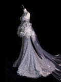 Charming Mermaid High Neck Silver Grey With Feathers Cape Sequins Long Prom Dresses Evening Outfits Formal Dress HZ0311
