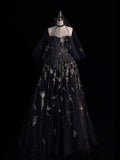 Modest Ball Gown Sweetheart Black Tulle Lace Long Prom Dresses For High School People Girls Formal Bridesmaid Dress HZ0311