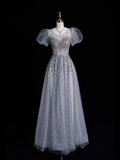 Modest Ball Gown Scoop Silver Gray Tulle Long Short Sleeves Prom Dresses For High School People Girls Formal Bridesmaid Dress HZ0311