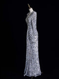 Charming Mermaid V Neck Silver Gray With Ruch Sequins Long Prom Dresses Evening Outfits Formal Dress HZ0311
