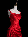 Unique Mermaid Square Neck Red Satin Long Prom Dresses Evening Outfits Formal Dress HZ0311
