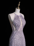 Elegant A line Halter Grey Sequin Long Prom Dresses For Teens Evening Outfits Formal Dress HZ0311