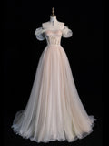 Modest Ball Gown Off The Shoulder Champagne Long Prom Dresses For High School Teens Girls Formal Bridesmaid Dress HZ0311