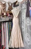 Unique Mermaid Cowl Neck Blush Pink Lace Long Prom Dresses Evening Outfits Formal Dress HZ0311