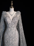 Charming Mermaid V Neck Silver Grey With Cape Sequins Long Prom Dresses Evening Outfits Formal Dress HZ0311