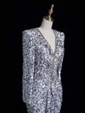 Charming Mermaid V Neck Silver Gray With Ruch Sequins Long Prom Dresses Evening Outfits Formal Dress HZ0311