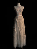 Princess A Line Spaghetti Strap White Flowers Spring Tulle Inspiration Long Prom Dresses HZ0311