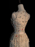 Princess A Line Spaghetti Strap White Flowers Spring Tulle Inspiration Long Prom Dresses HZ0311