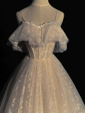 Princess Ball Gown Spaghetti Strap White Flowers Spring Tulle Inspiration Long Prom Dresses HZ0311