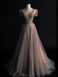 Modest A line V Neck Grey Tulle With Sleeves Beadings College Formal Outfits Long Prom Inspo Graduation Dresses HZ0311