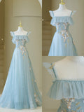 Cute Ball Gown Spaghetti Straps Light Sky Blue Tulle Long Prom Dresses Impress 19th Birthday Outfits Prom Gown HZ0311