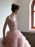 Charming Ball Gown Spaghetti Strap Blush Pink Tulle Long Prom Dresses Inspiration Evening Gowns Formal Party Prom Dress HZ0311