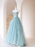 Cute Ball Gown Strapless Light Sky Blue Tulle Long Prom Dresses Impress 19th Birthday Outfits Prom Gown HZ0311