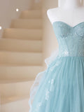 Cute Ball Gown Strapless Light Sky Blue Tulle Long Prom Dresses Impress 19th Birthday Outfits Prom Gown HZ0311
