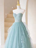 Cute Ball Gown Strapless Light Sky Blue Tulle Long Prom Dresses Impress 19th Birthday Outfits Prom Gown HZ0311
