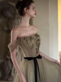Cute Ball Gown Off The Shoulder Olive Green Tulle Long Prom Dresses Impress 18th Birthday Outfits Prom Gown HZ0311
