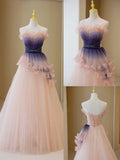Stylish Ball Gown Strapless Blush Grape Pink Tulle Long Prom Dresses Inspiration Evening Gowns Formal Party Prom Dress HZ0311
