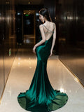 Modest Mermaid Spaghetti Strap Dark Emerald Green With Backless Satin Long Prom Dresses Inspo Prom Gowns HZ0311
