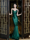 Modest Mermaid Spaghetti Strap Dark Emerald Green With Backless Satin Long Prom Dresses Inspo Prom Gowns HZ0311