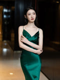 Modest Mermaid Spaghetti Strap Dark Emerald Green With Backless Satin Long Prom Dresses Inspo Prom Gowns HZ0311