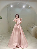Cute A Line Strapless Pink Satin With Bow-knot Long Prom Dresses Impress 18th Birthday Outfits Prom Gown HZ0311