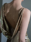 Sparkle Mermaid Asymmetrical Shoulder Straps Champagne Sequin Long Prom Dresses Impress 18th Birthday Outfits Prom Gown HZ0311