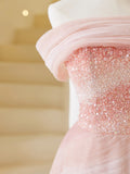Elegant Ball Gown Strapless Pink Tulle Prom Dress Charming Evening Party Gowns Fashion Wedding Guest Dress HZ0311