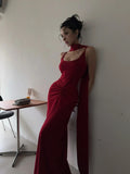Unique Mermaid Spaghetti Strap Bright Red With Scarf Long Prom Dresses Inspiration Prom Gowns Formal Prom Dress HZ0311