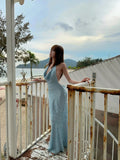 Glittery Mermaid Halter Light Blue With Backless Sequin Long Prom Dresses Inspiration 18th Birthday Outfits Formal Evening Dress HZ0311