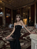 Unique Mermaid Strapless Black Satin With Ruffles Prom Dress Long Birthday Party Gown Evening Dresses HZ0311