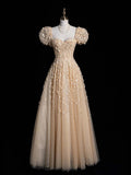 Cute A Line Sweetheart Champagne Tulle Flowers Long Prom Dress Evening Outfits Formal Dress HZ0311