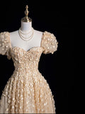 Cute A Line Sweetheart Champagne Tulle Flowers Long Prom Dress Evening Outfits Formal Dress HZ0311