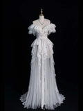 Classic A Line V Neckline Wedding Dresses Lace White With Sleeves Vintage Brides Dress Summer Bridal Gowns HZ0311
