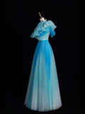 Elegant A Line One Shoulder Blue Tulle Pleated Long Prom Dresses Evening Outfits Formal Dress HZ0311