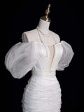 Classic Sheath Wedding Dresses Off The Shoulder Short White With Short Sleeves Brides Dress Summer Bridal Gowns HZ0311